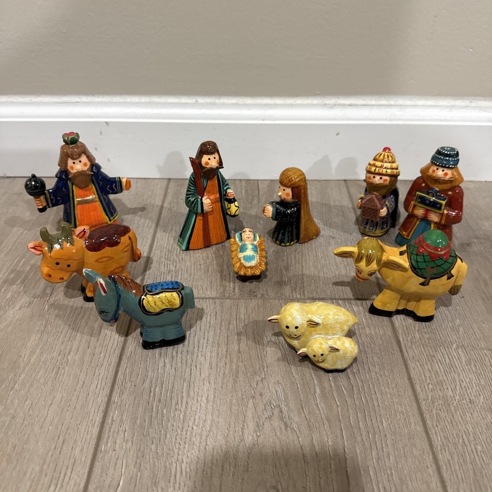 Vintage Christmas Nativity Set Chunky Wooden Figures Set Of 9 Hand‎ Painted